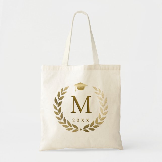 Graduation Gold Laurel Wreath Monogram Initial Tote Bag (Front)