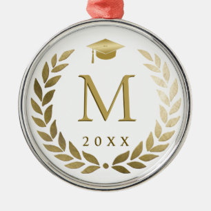 Graduation Gold Laurel Wreath Monogrammed Initial Metal Ornament