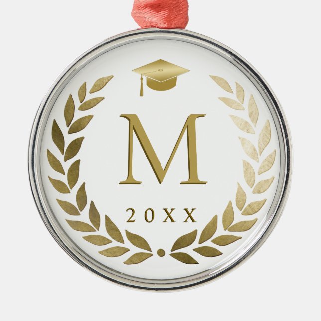 Graduation Gold Laurel Wreath Monogrammed Initial Metal Ornament (Front)