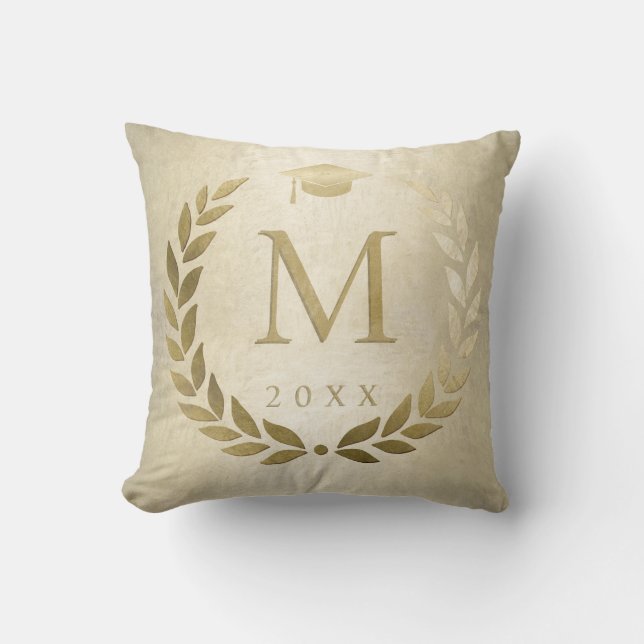 Graduation Gold Laurel Wreath Monogrammed Initial Throw Pillow (Front)