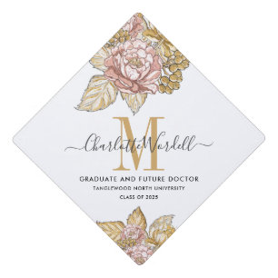 Graduation Gold Pink Floral Monogram Nurse   Cap Topper