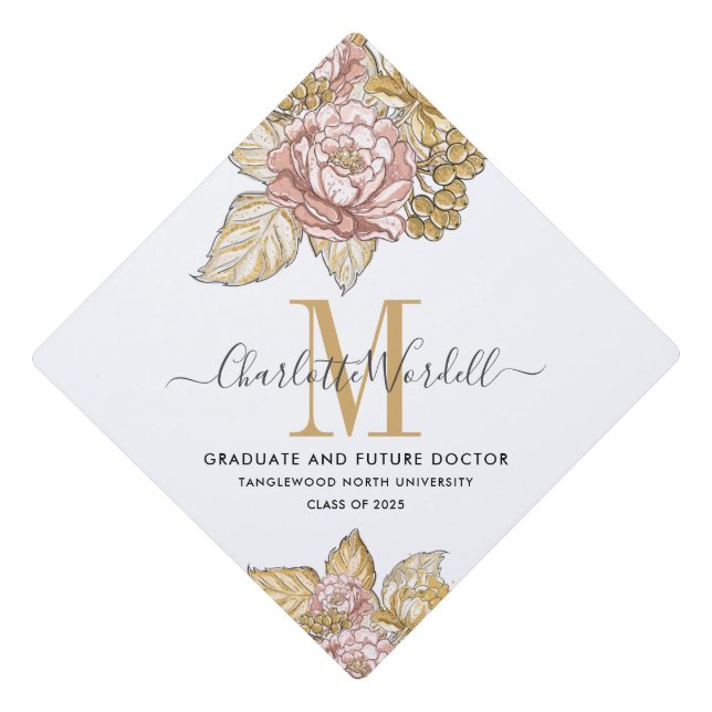 Graduation Gold Pink Floral Monogram Nurse   Cap Topper (Front)
