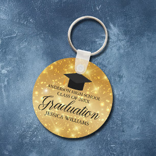 Graduation Gold Sparkle Chic Custom School Name Keychain