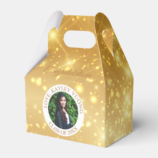 Graduation Gold Sparkle Custom Senior Photo Party Favor Box (Front Side)