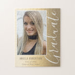 Graduation Gold Stylish Script Modern Photo Jigsaw Puzzle<br><div class="desc">Graduation Gold Stylish Script Modern Photo Graduation Jigsaw Puzzle features a gold shimmer background with your custom photo. Personalize by adding your name, school, college or university and class year by editing the text in the text boxes provided. Designed for you by ©Evco Studio www.zazzle.com/store/evcostudio</div>