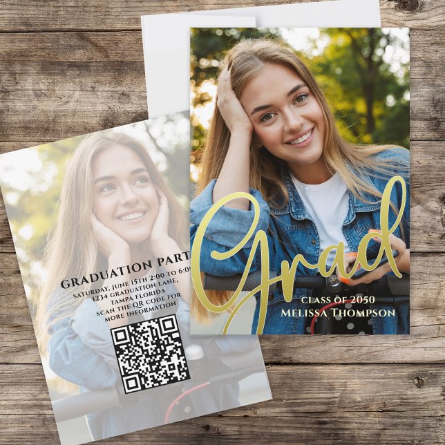 Graduation Grad Gold Calligraphy | QR Code Website Invitation (Graduation invitation announcement card with creative gold calligraphy script. )