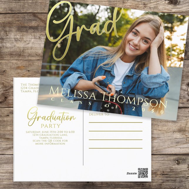Graduation Grad Gold Calligraphy | QR Code Website Postcard (Graduation gold calligraphy script with full bleed photo template postcard. )