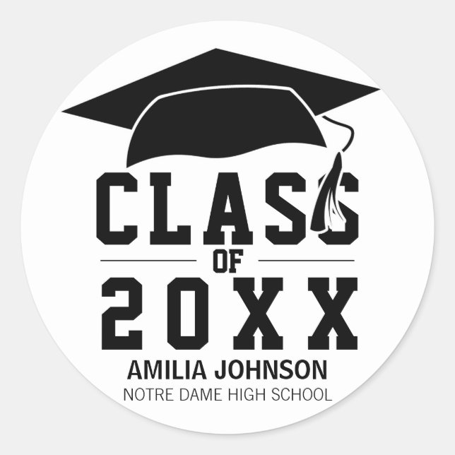 Graduation Grad School White Black Cap Classic Round Sticker (Front)