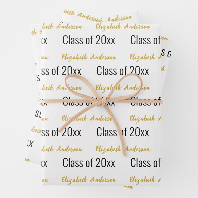 Graduation Grads Full Name Script White Black Gold Wrapping Paper Sheet (In situ)