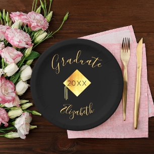 Graduation graduate 2022 party black gold cap paper plate