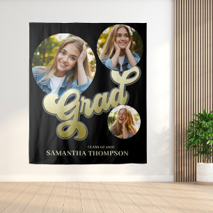 Graduation Graduate Black and Gold Photo Party Tapestry