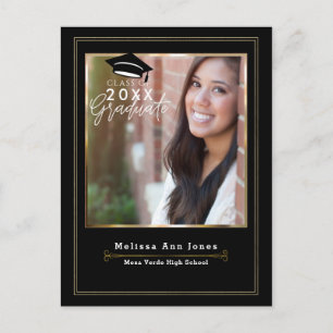 Graduation Graduate Black & Gold Modern Photo Invitation Postcard