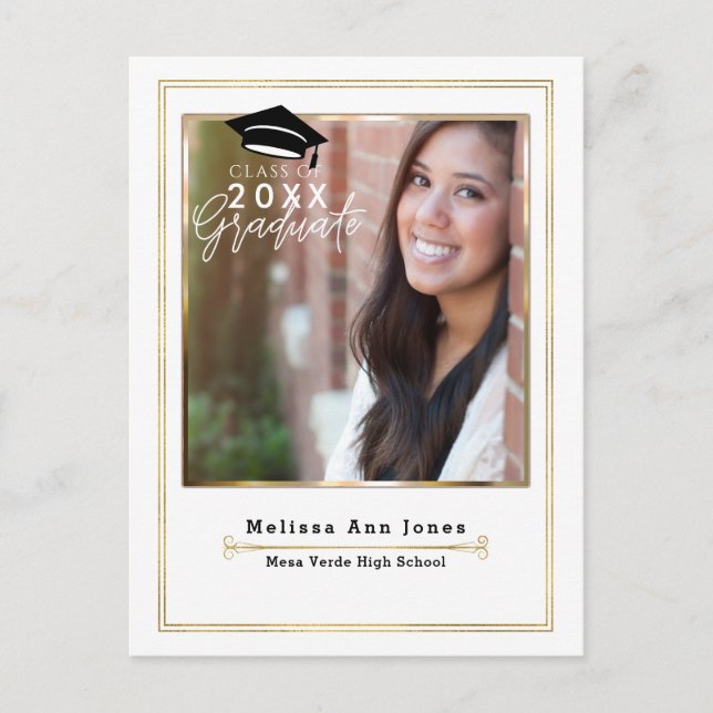 Graduation Graduate White & Gold Modern Photo Announcement Postcard (Front)