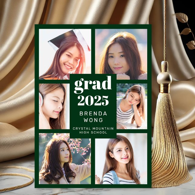 Graduation Green 6 Photo Collage White Script Announcement (Modern Green White Six Photo Graduation Annoucnement)