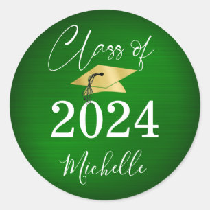 Graduation Green Gold Cap Script Faux Metallic Classic Round Sticker