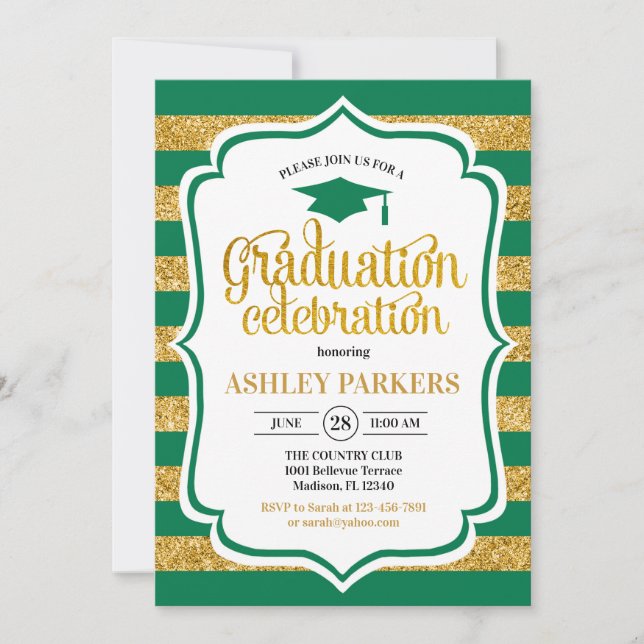 Graduation - Green Gold Stripes Invitation (Front)