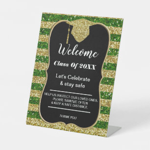 Graduation Green Gold Stripes Party safety Pedestal Sign