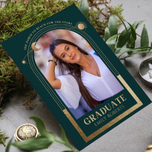Graduation Green Gold Sun Moon Stars Grad Photo Invitation
