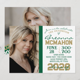 Graduation Green, Gold & White 2 Invitation photo