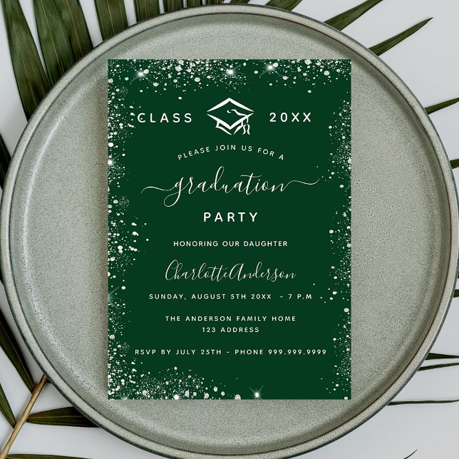 Graduation green silver glitter glamourous invitation postcard (Creator Uploaded)