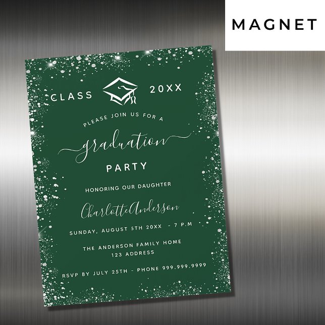 Graduation green silver glitter luxury magnetic invitation (Creator Uploaded)