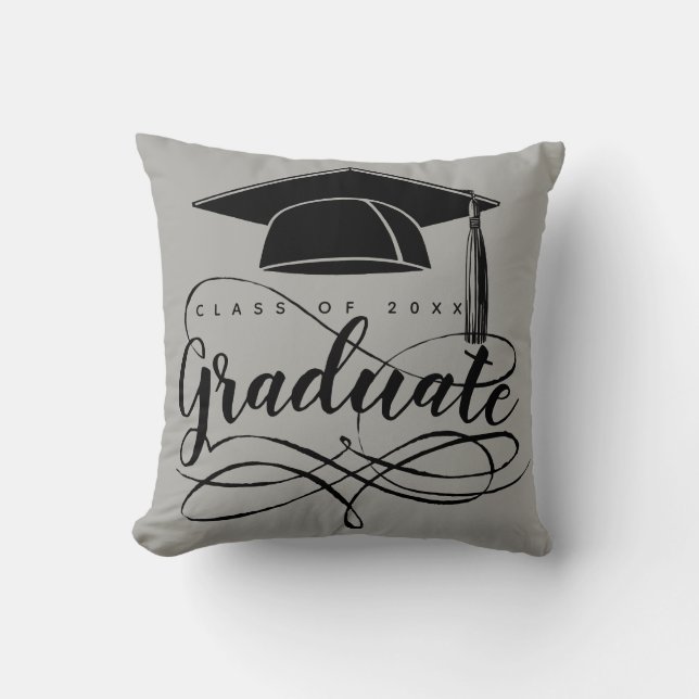 Graduation Grey Black Script Typography Grad Cap Throw Pillow (Front)