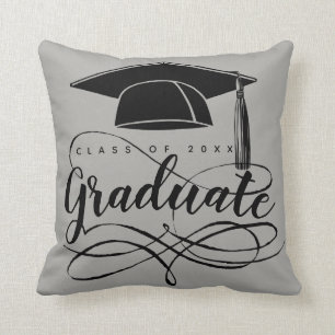 Graduation Grey Black Script Typography Grad Cap Throw Pillow