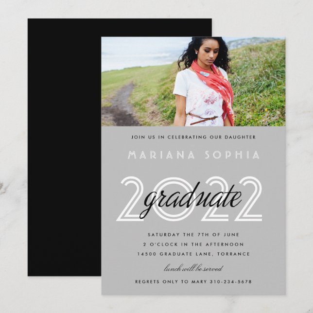 Graduation Gris Moderne - Invitation photo (Devant / Derrière)