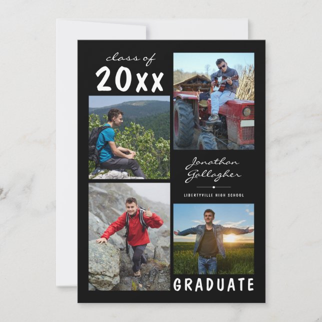 Graduation Handwritten Name 4 Photo Collage Black Announcement (Front)