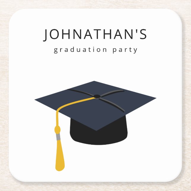 Graduation Hat & Name Party V2 Square Paper Coaster (Front)