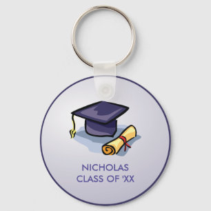 Graduation Hat Past Present Future on Blue Keychain