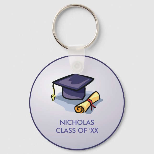 Graduation Hat Past Present Future on Blue Keychain (Front)