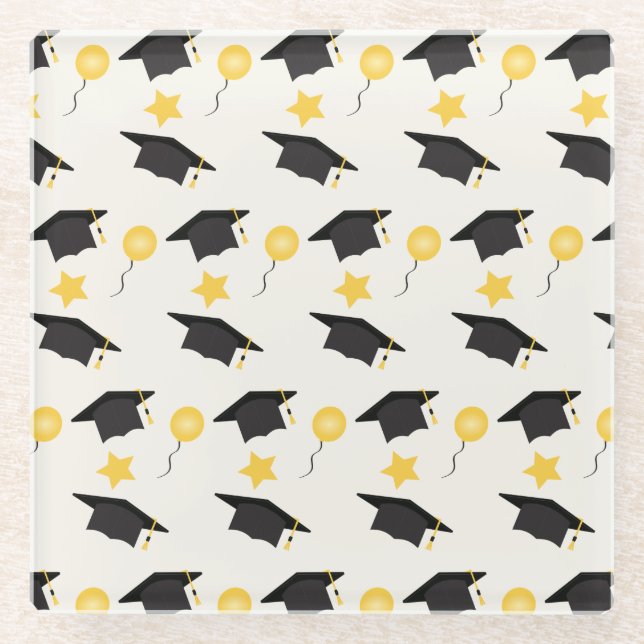 Graduation Hat Pattern With Stars And Balloons Glass Coaster (Front)