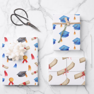 Graduation Hats Diplomas and Medals Pattern Wrapping Paper Sheet