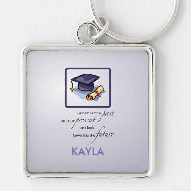Graduation Hats Past Present Future on Blue Keychain (Front)