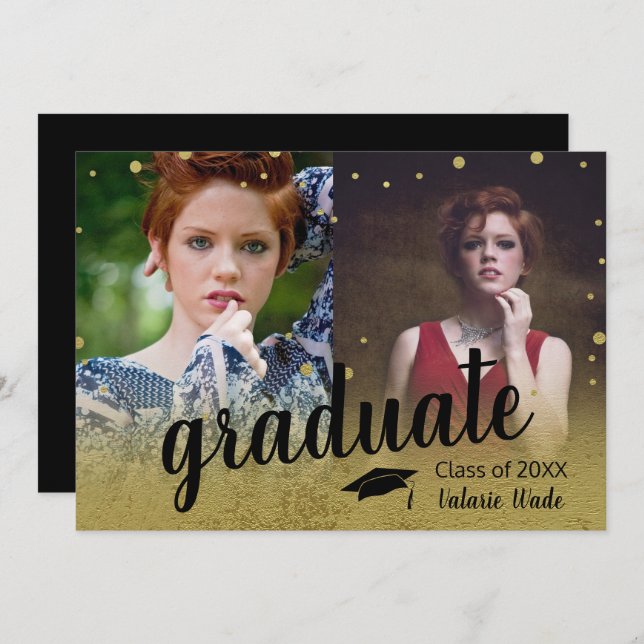 Graduation High School Faux Gold Two Photo Invitation (Front/Back)