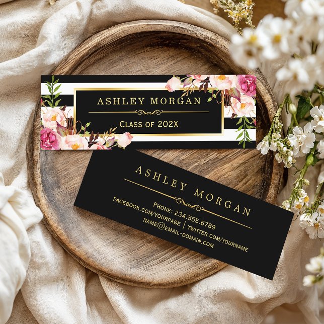 Graduation Insert Card Floral Black White Stripes (Creator Uploaded)