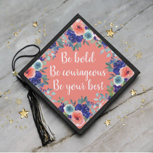 Graduation Inspirational Coral Pink Blue Floral Cap Topper
