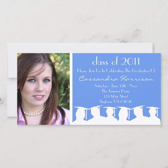 Graduation Invitation Photo Card (Blue Silhouette) (Front)