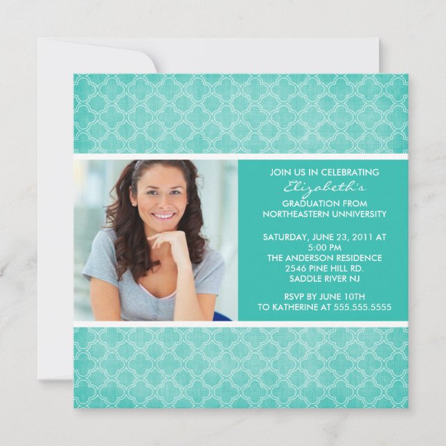 Graduation Invitation Photo Turkquoise Pattern (Front)