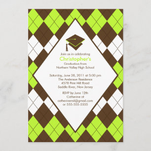 Graduation Invitation Preppy Brown & Green Argyle