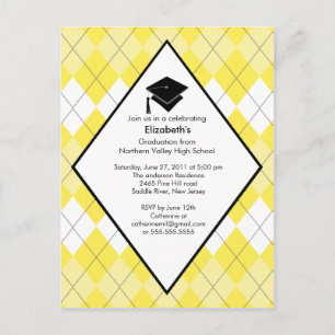 Graduation Invitation Preppy Yellow Argyle Postcard