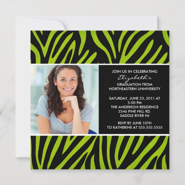 Graduation Invitation with Photo Lime Green Zebra (Front)