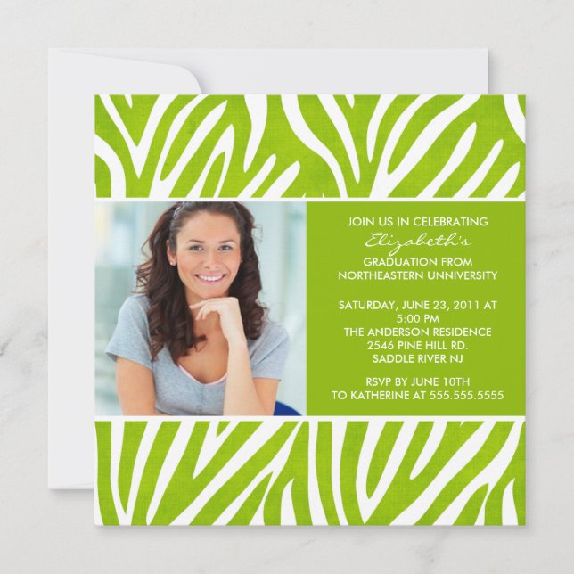 Graduation Invitation with Photo Lime Green Zebra (Front)