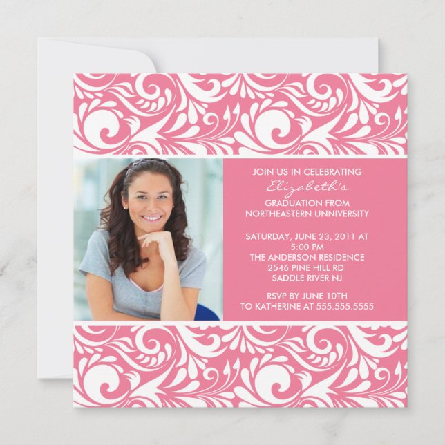 Graduation Invitation with Photo Pink Floral Swirl (Front)