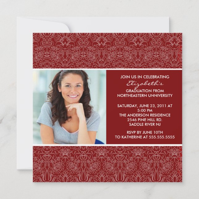 Graduation Invitation with Photo Red  Damask (Front)