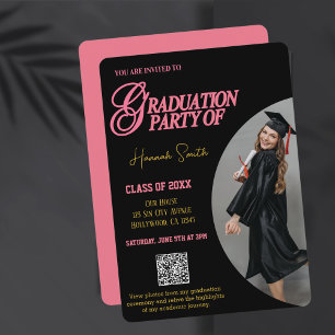 Graduation Invite,Custom Photo,QR Code,Pink Modern Holiday Card