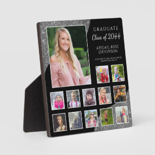 Graduation K-12 Photo Collage Black Silver Glitter Plaque