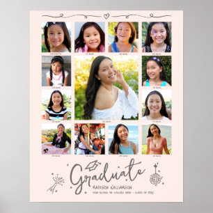 Graduation K–12 Photo Collage Blush Pink Doodles Poster