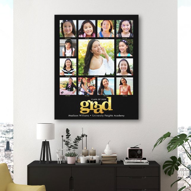 Graduation K–12 Photo Collage Modern Black Gold Canvas Print (Creator Uploaded)
